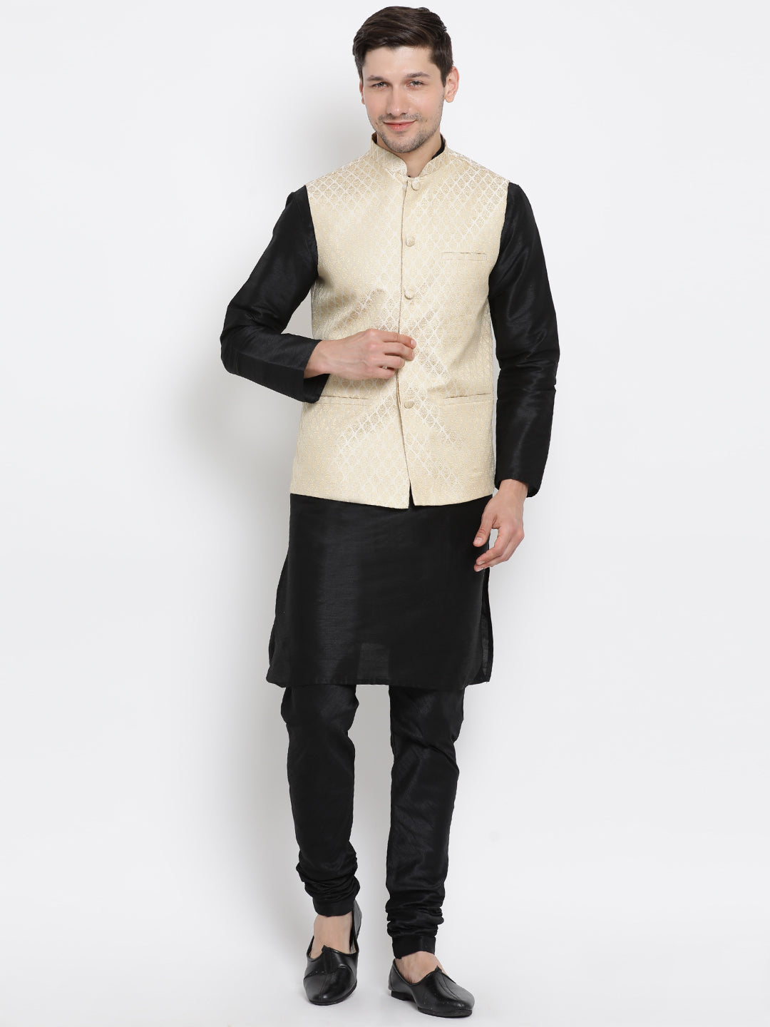 Men's Black Silk Blend Jacket, Kurta and Pyjama Set