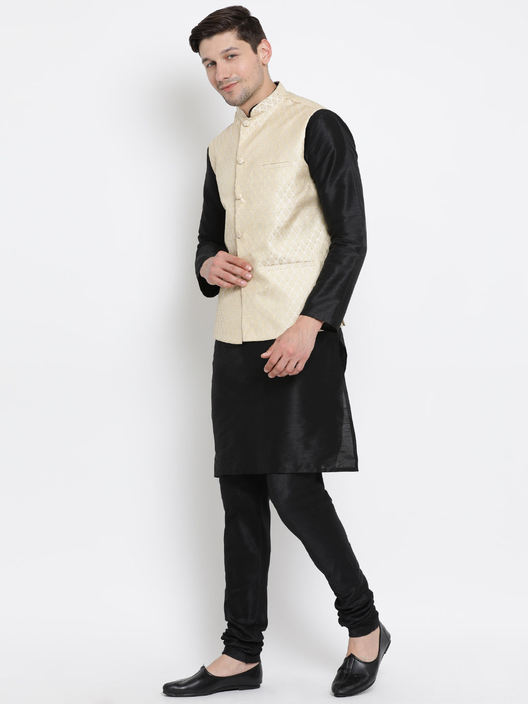 Men's Black Silk Blend Jacket, Kurta and Pyjama Set