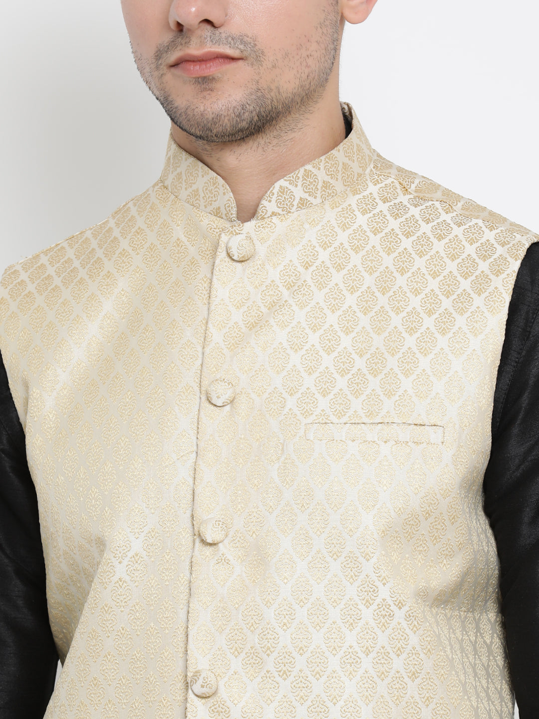 Men's Black Silk Blend Jacket, Kurta and Pyjama Set