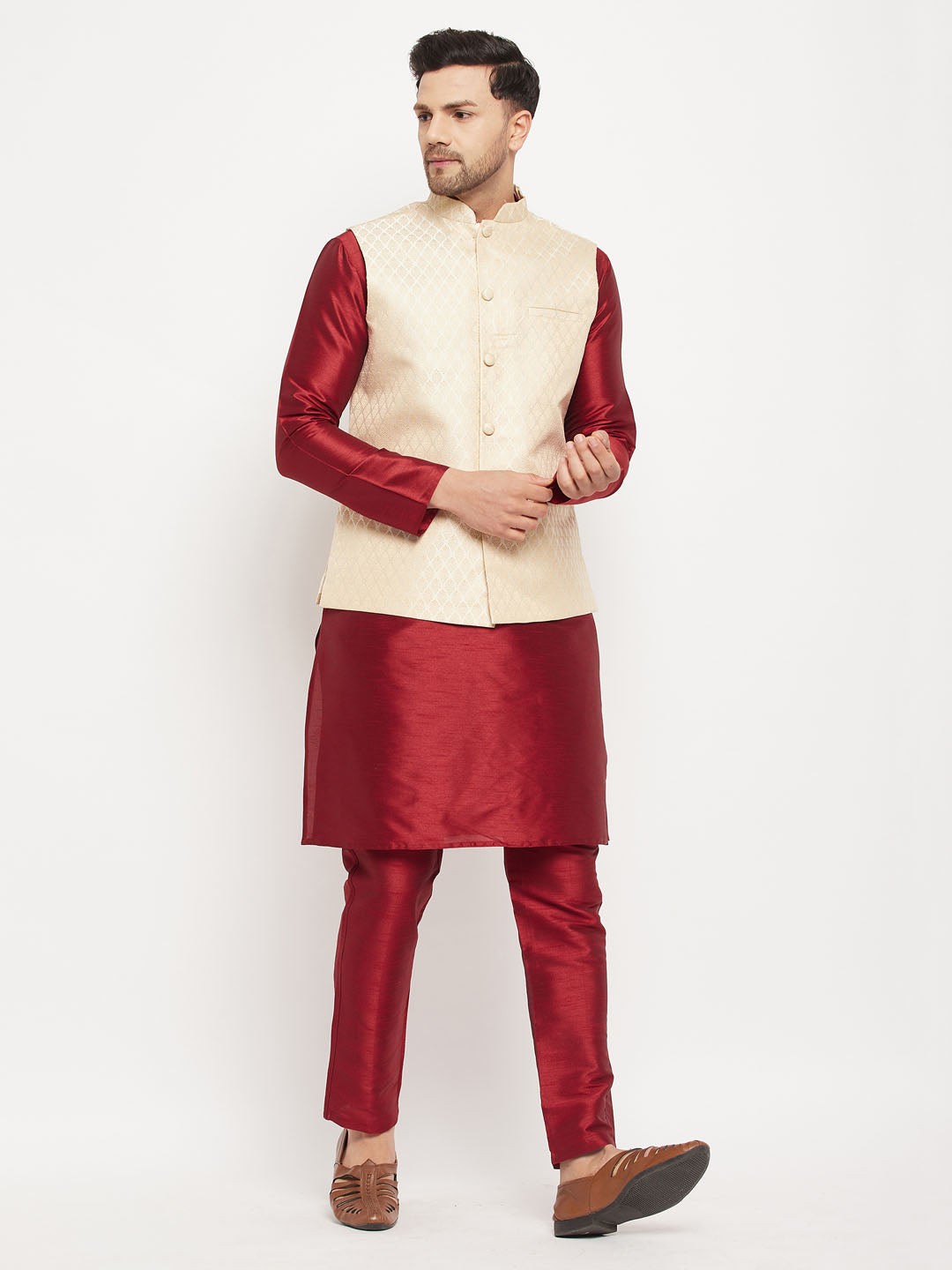 Men's Cream And Maroon Silk Blend Jacket, Kurta and Pyjama Set