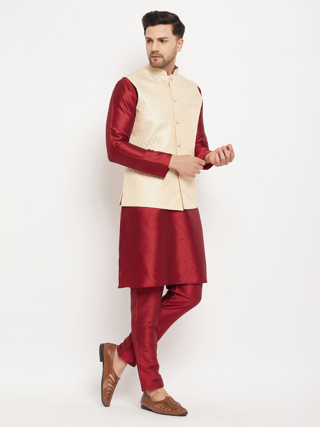 Men's Cream And Maroon Silk Blend Jacket, Kurta and Pyjama Set