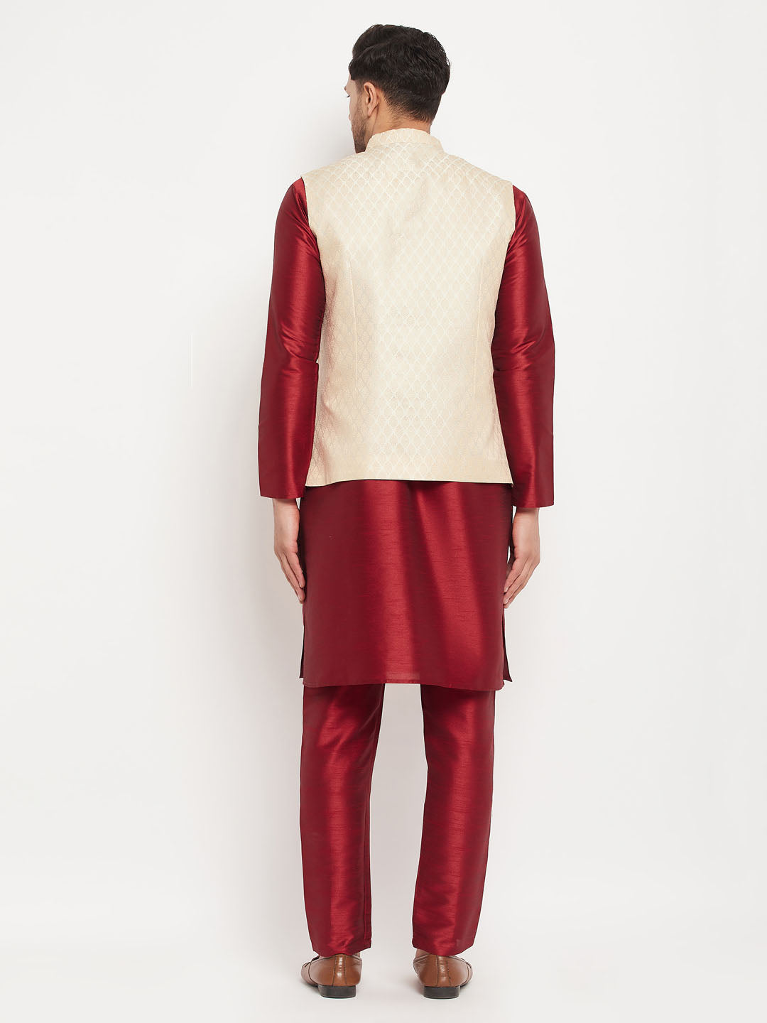 Men's Cream And Maroon Silk Blend Jacket, Kurta and Pyjama Set