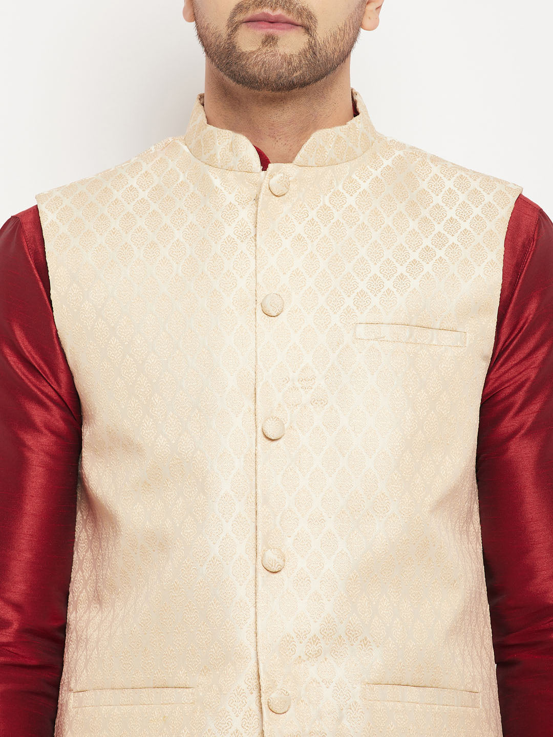 Men's Cream And Maroon Silk Blend Jacket, Kurta and Pyjama Set