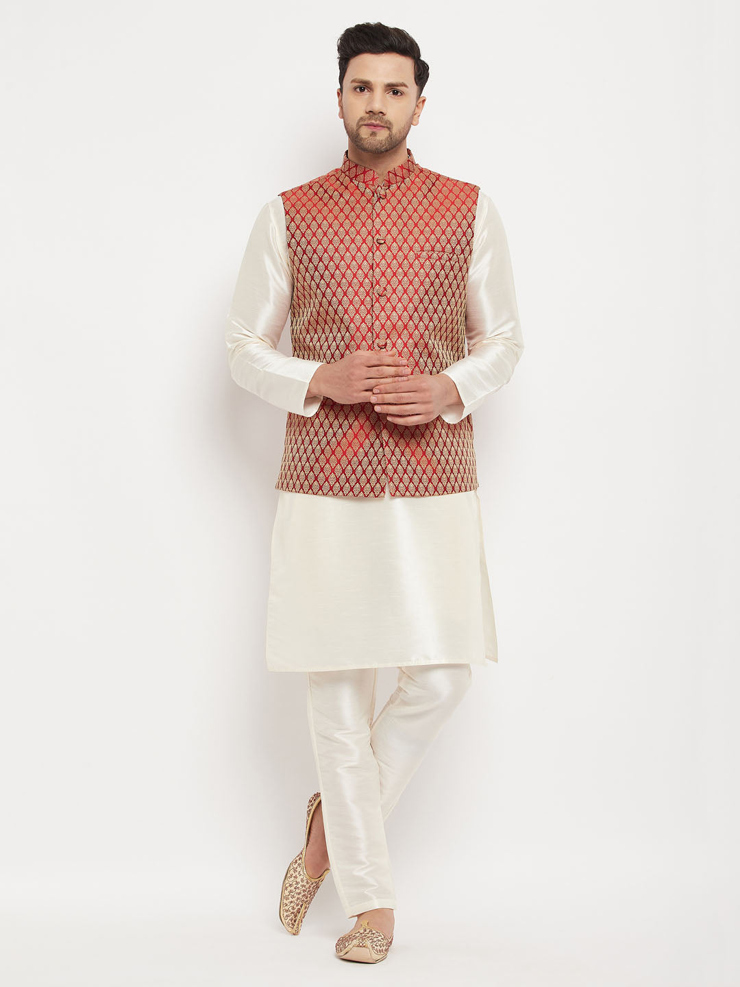 Men's Cream And Maroon Silk Blend Jacket, Kurta and Pyjama Set