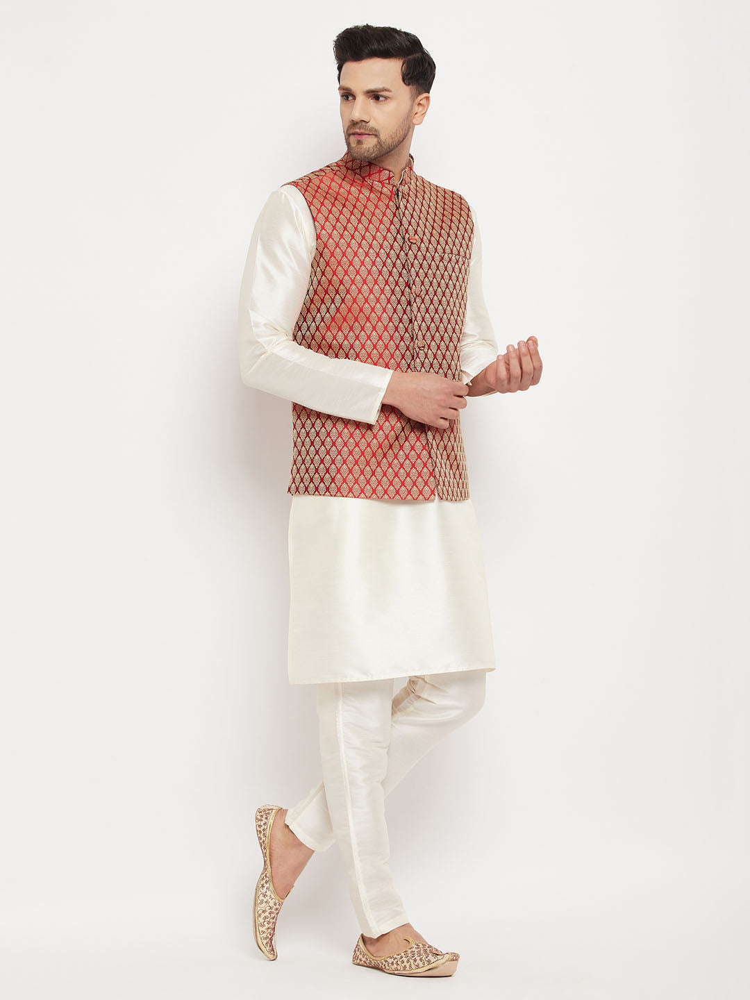 Men's Cream And Maroon Silk Blend Jacket, Kurta and Pyjama Set