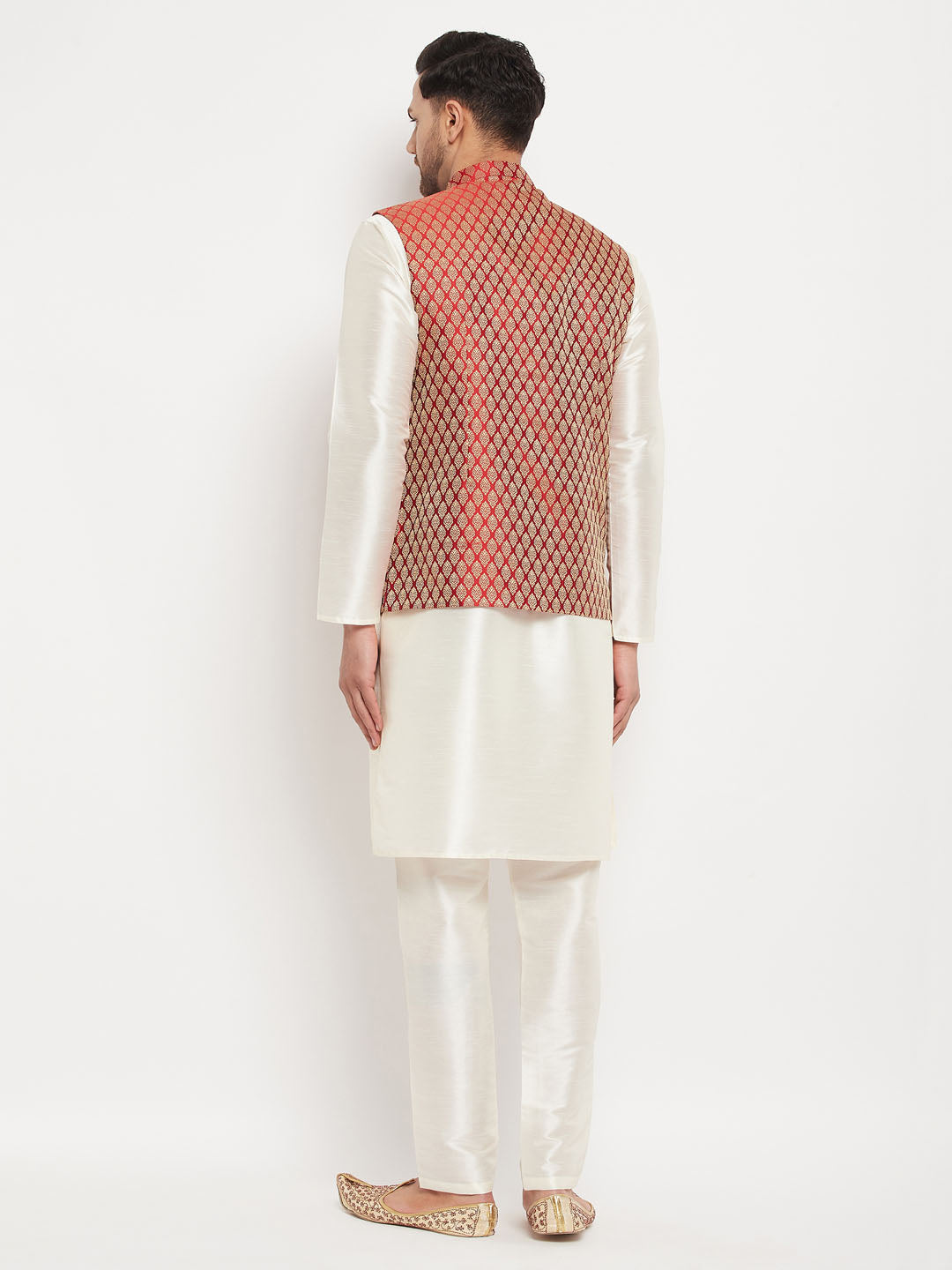 Men's Cream And Maroon Silk Blend Jacket, Kurta and Pyjama Set