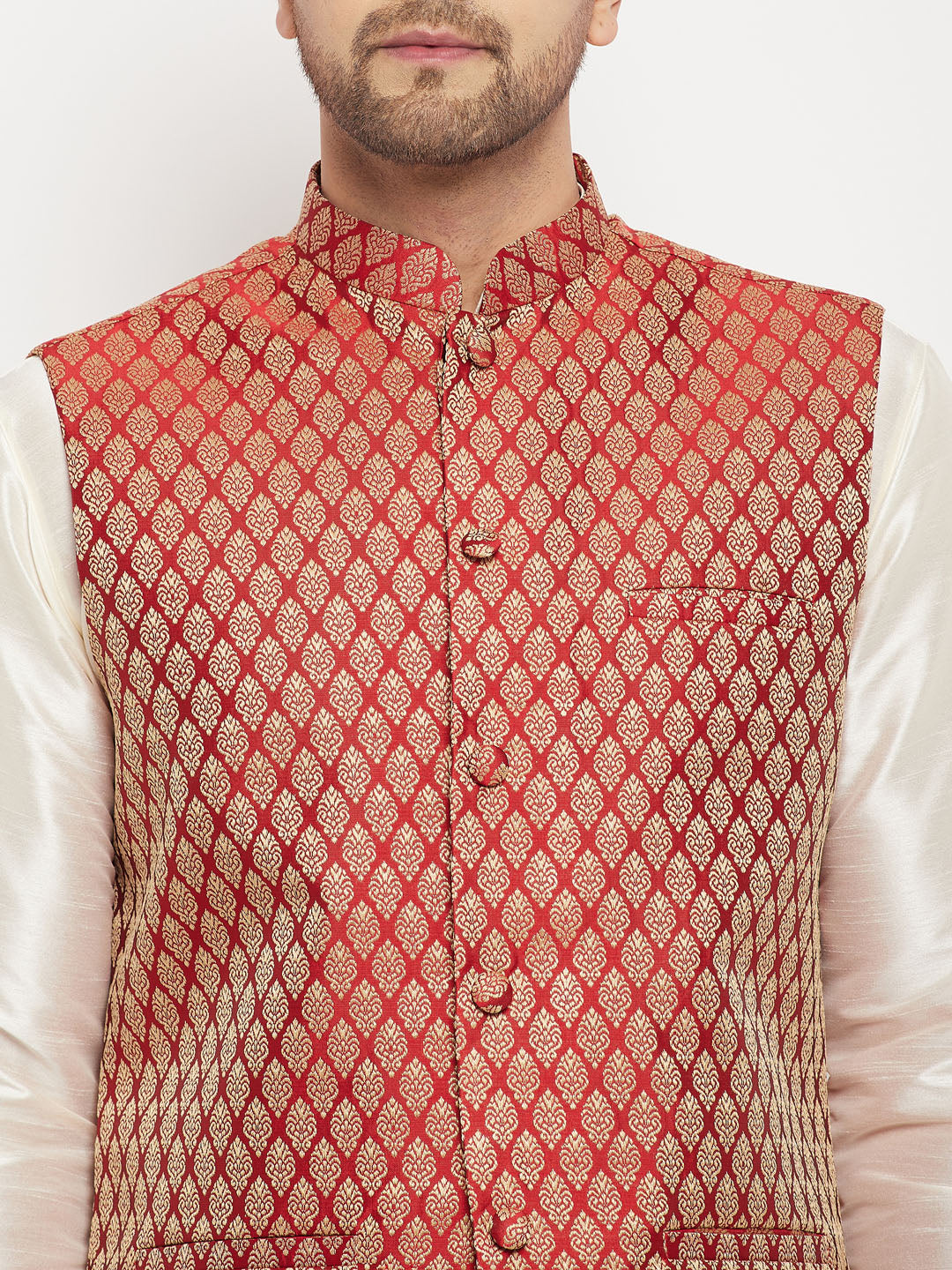 Men's Cream And Maroon Silk Blend Jacket, Kurta and Pyjama Set