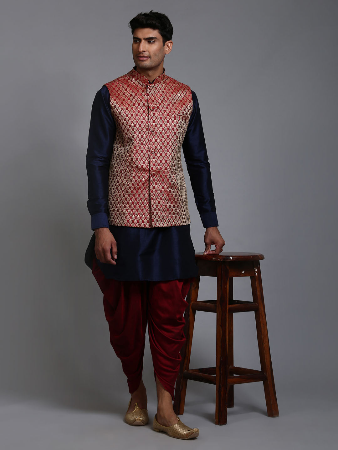 Men's Maroon And Navy Blue Silk Blend Jacket, Kurta and Dhoti Set