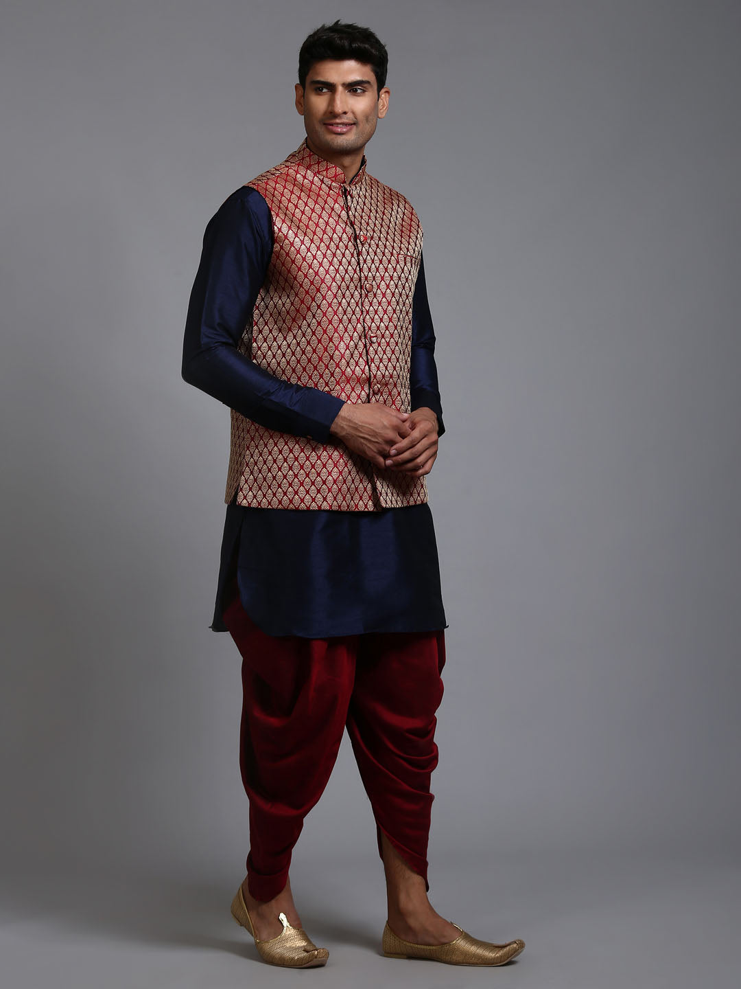 Men's Maroon And Navy Blue Silk Blend Jacket, Kurta and Dhoti Set