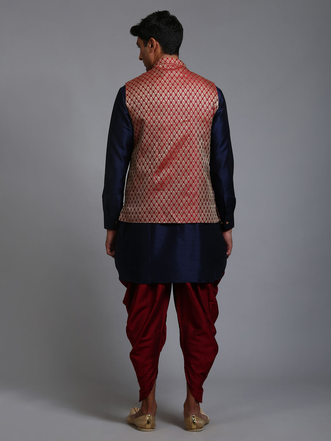 Men's Maroon And Navy Blue Silk Blend Jacket, Kurta and Dhoti Set