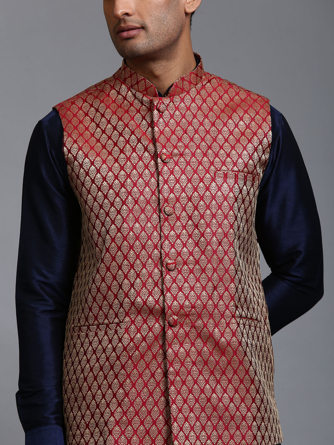 Men's Maroon And Navy Blue Silk Blend Jacket, Kurta and Dhoti Set