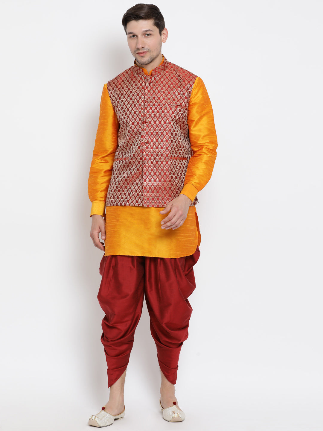 Men's Orange Silk Blend Jacket, Kurta and Dhoti Set