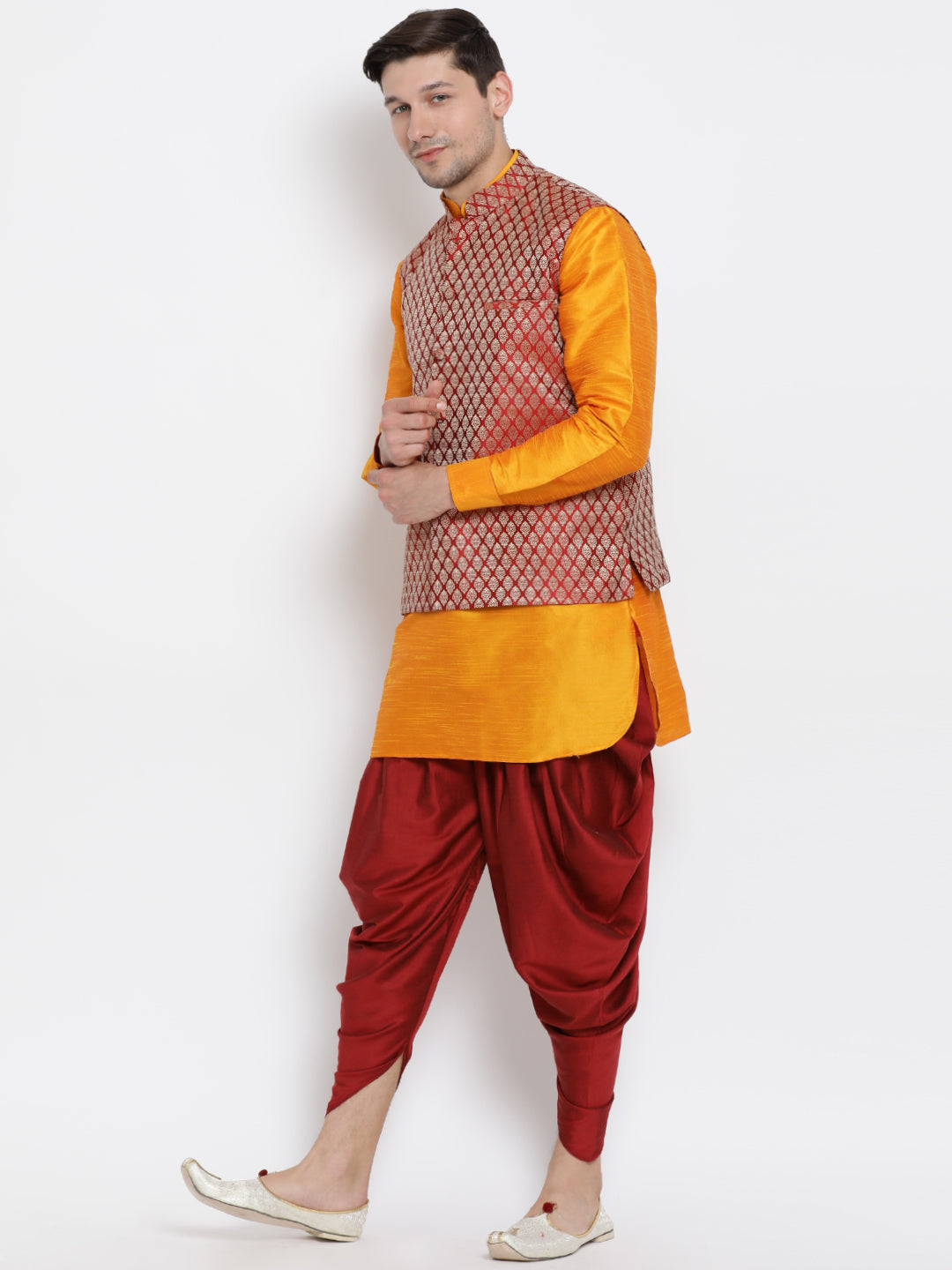 Men's Orange Silk Blend Jacket, Kurta and Dhoti Set