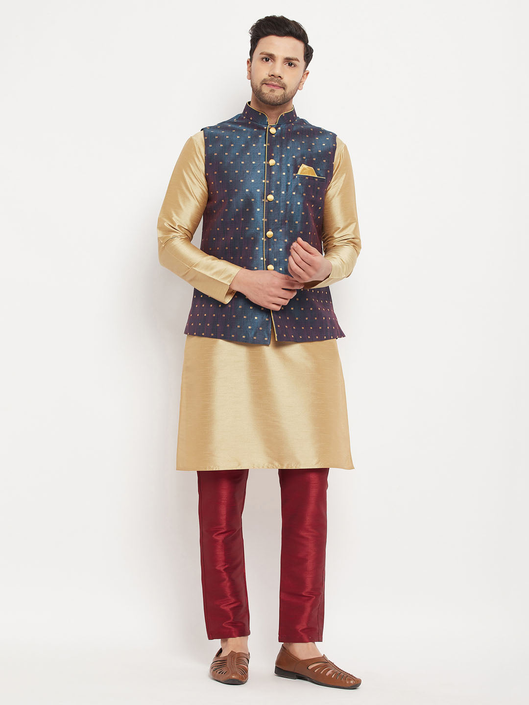 Men's Blue And Rose Gold Silk Blend Jacket, Kurta and Pyjama Set