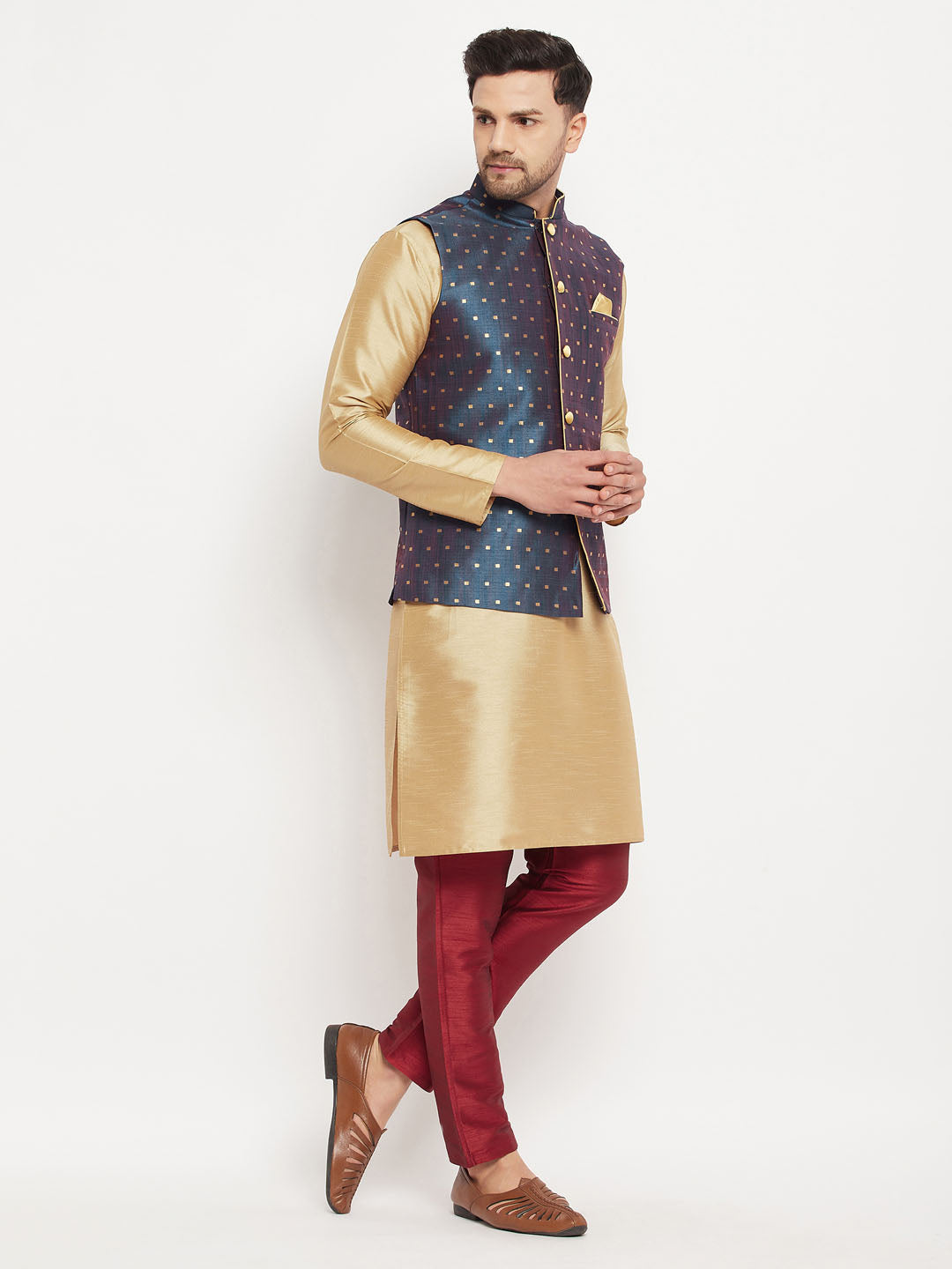 Men's Blue And Rose Gold Silk Blend Jacket, Kurta and Pyjama Set