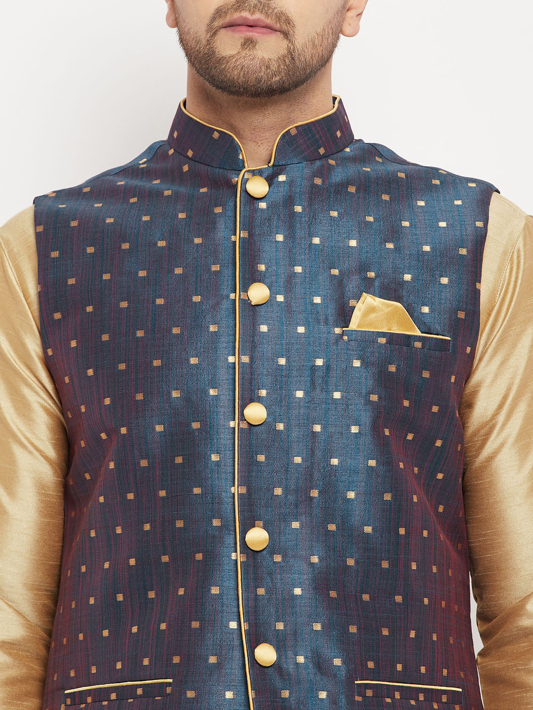 Men's Blue And Rose Gold Silk Blend Jacket, Kurta and Pyjama Set