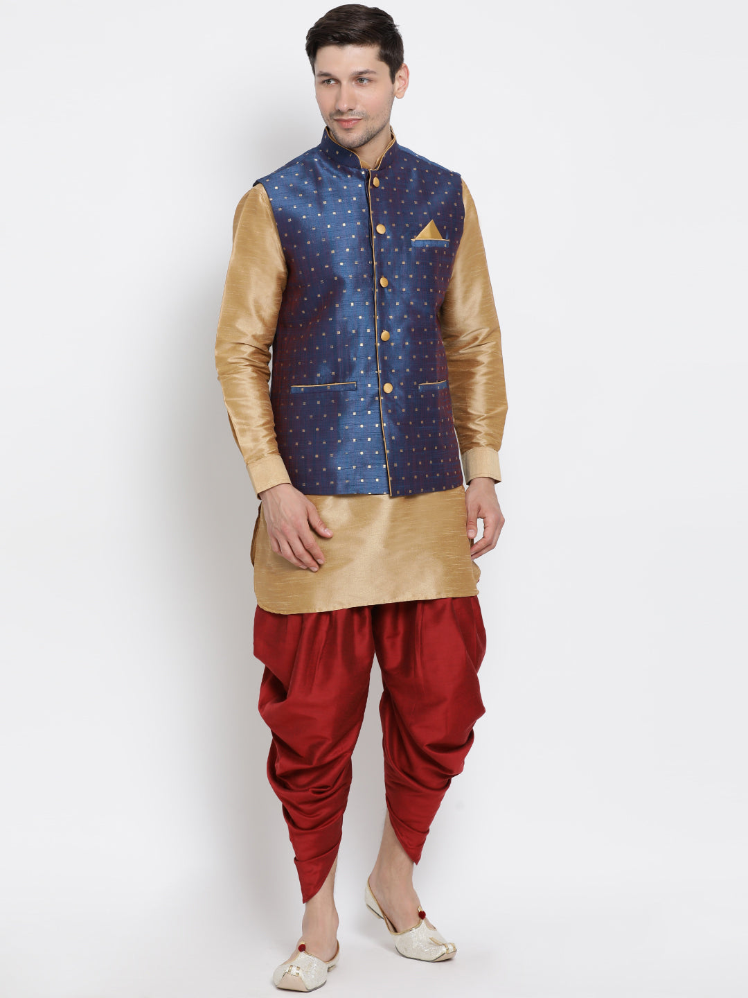 Men's Gold Silk Blend Jacket, Kurta and Dhoti Set