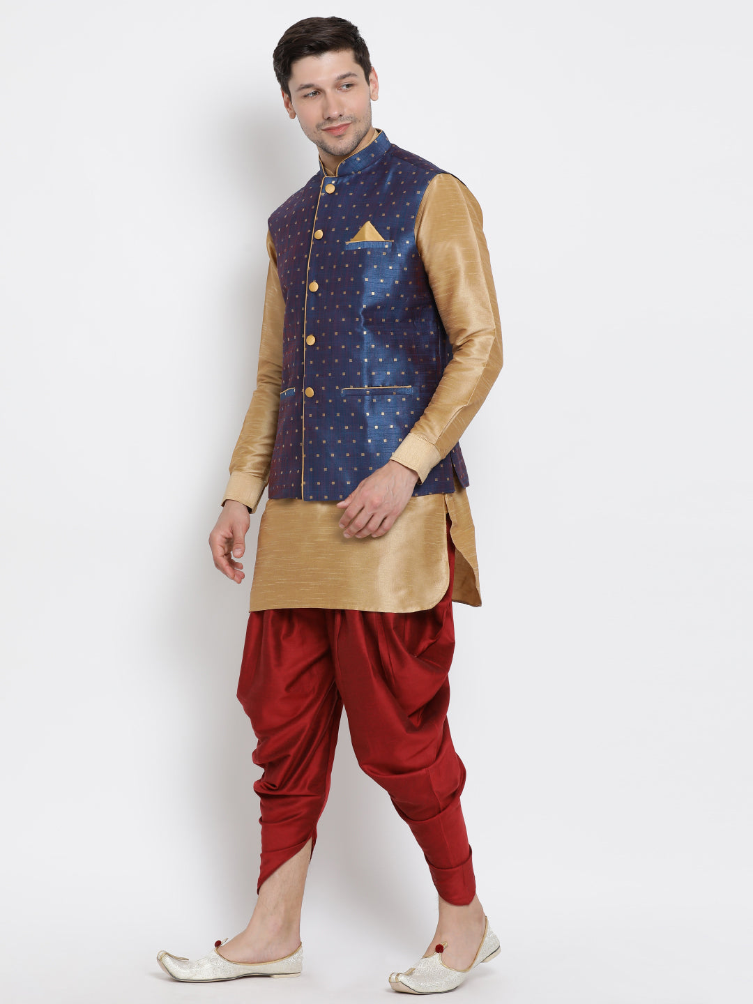 Men's Gold Silk Blend Jacket, Kurta and Dhoti Set