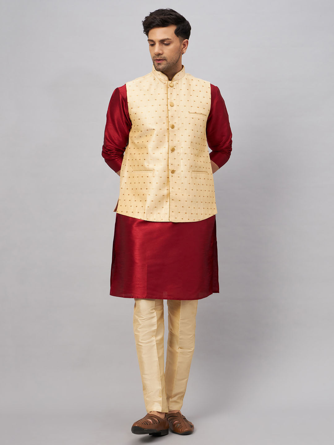 Men's Maroon And Gold Silk Blend Jacket, Kurta and Pyjama Set