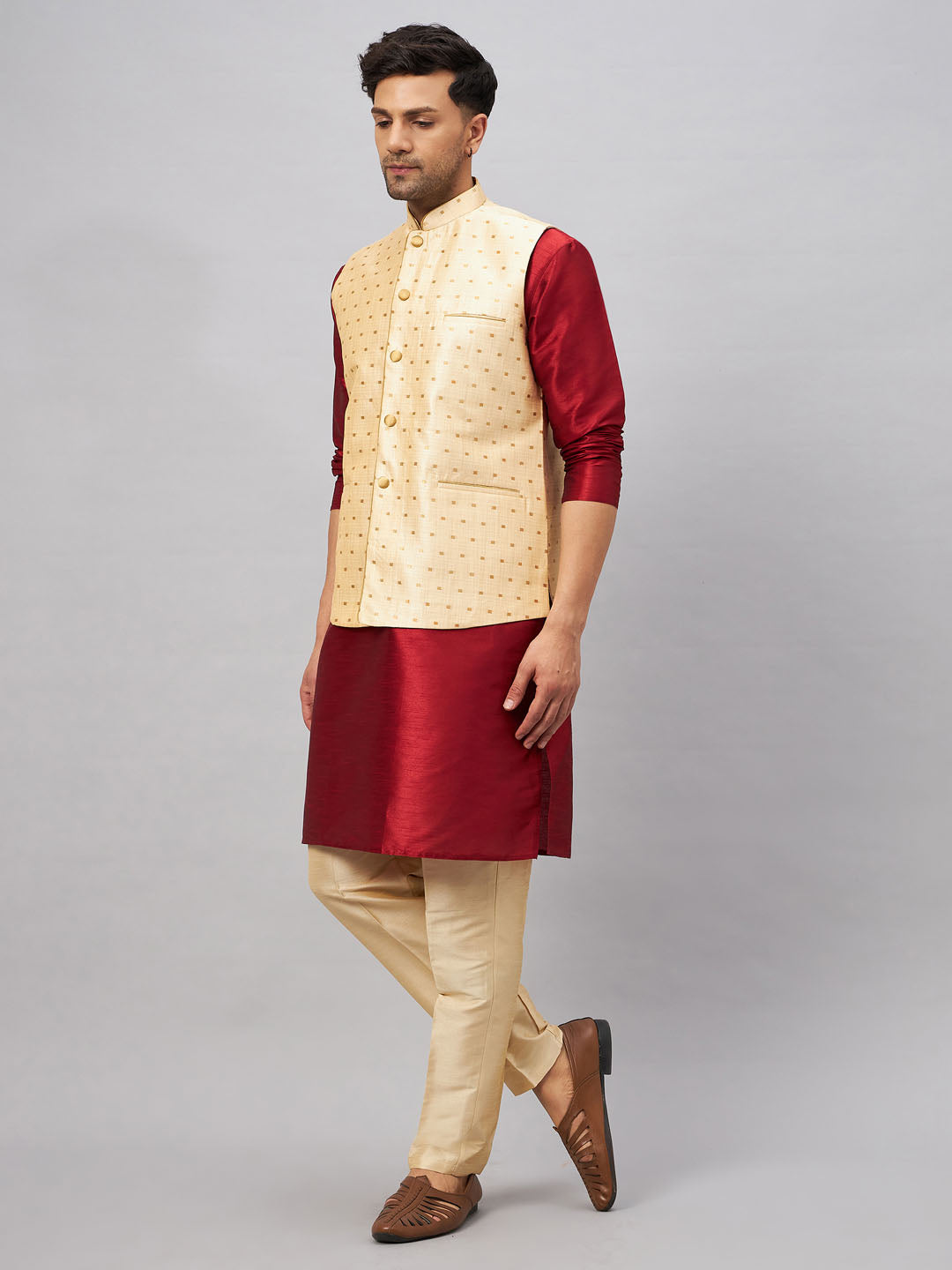 Men's Maroon And Gold Silk Blend Jacket, Kurta and Pyjama Set