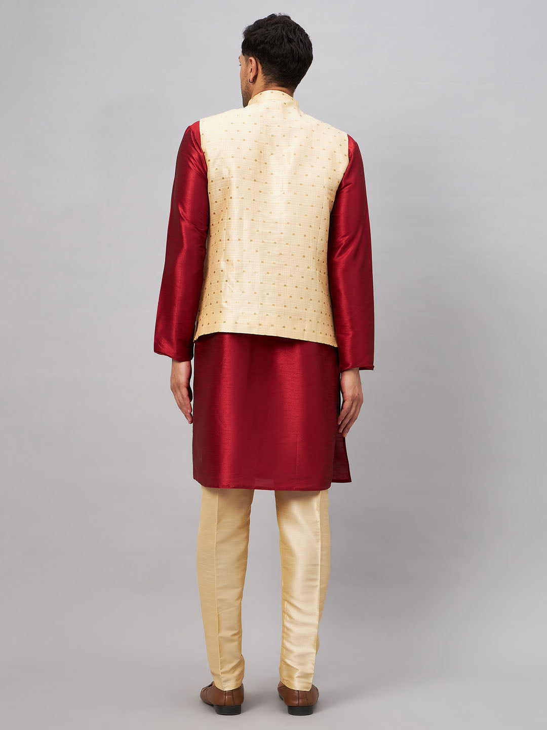 Men's Maroon And Gold Silk Blend Jacket, Kurta and Pyjama Set