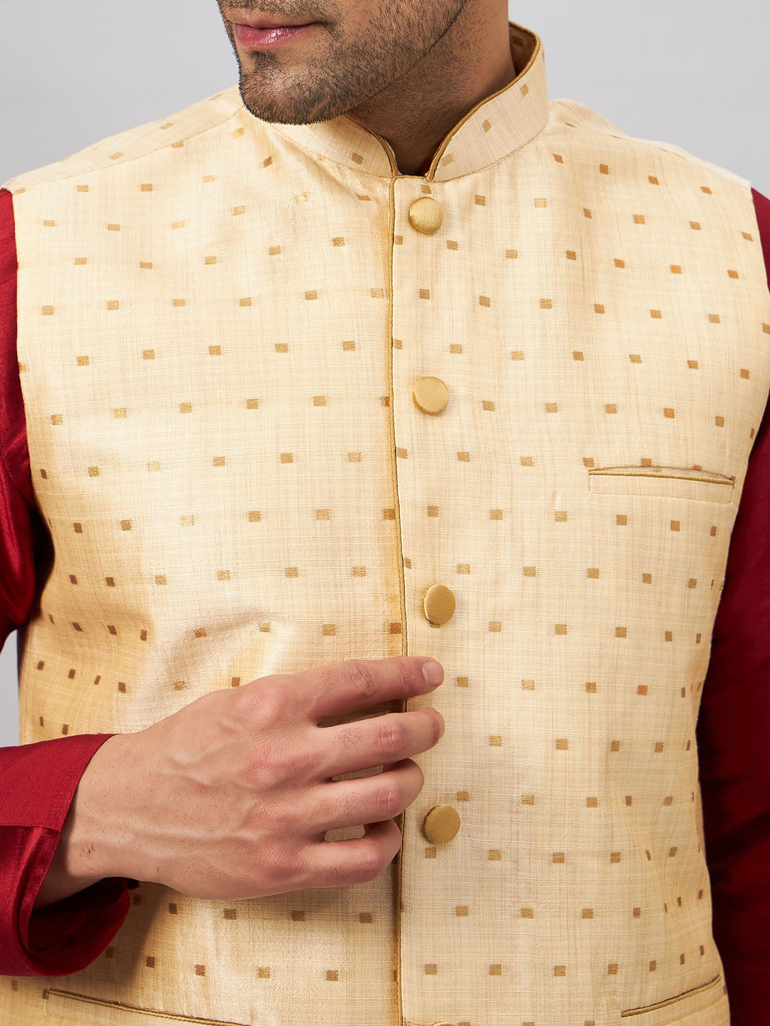 Men's Maroon And Gold Silk Blend Jacket, Kurta and Pyjama Set