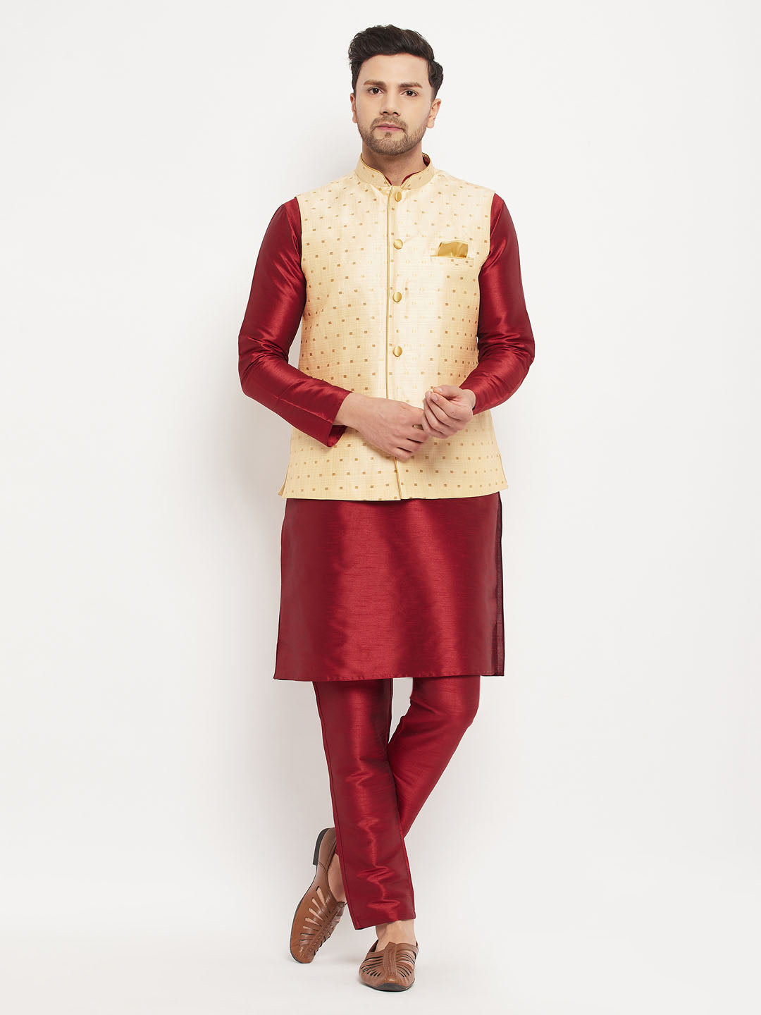 Men's Maroon And Gold Silk Blend Jacket, Kurta and Pyjama Set