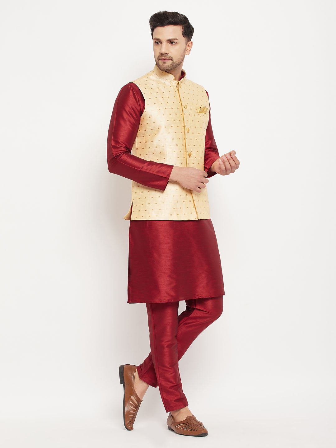 Men's Maroon And Gold Silk Blend Jacket, Kurta and Pyjama Set