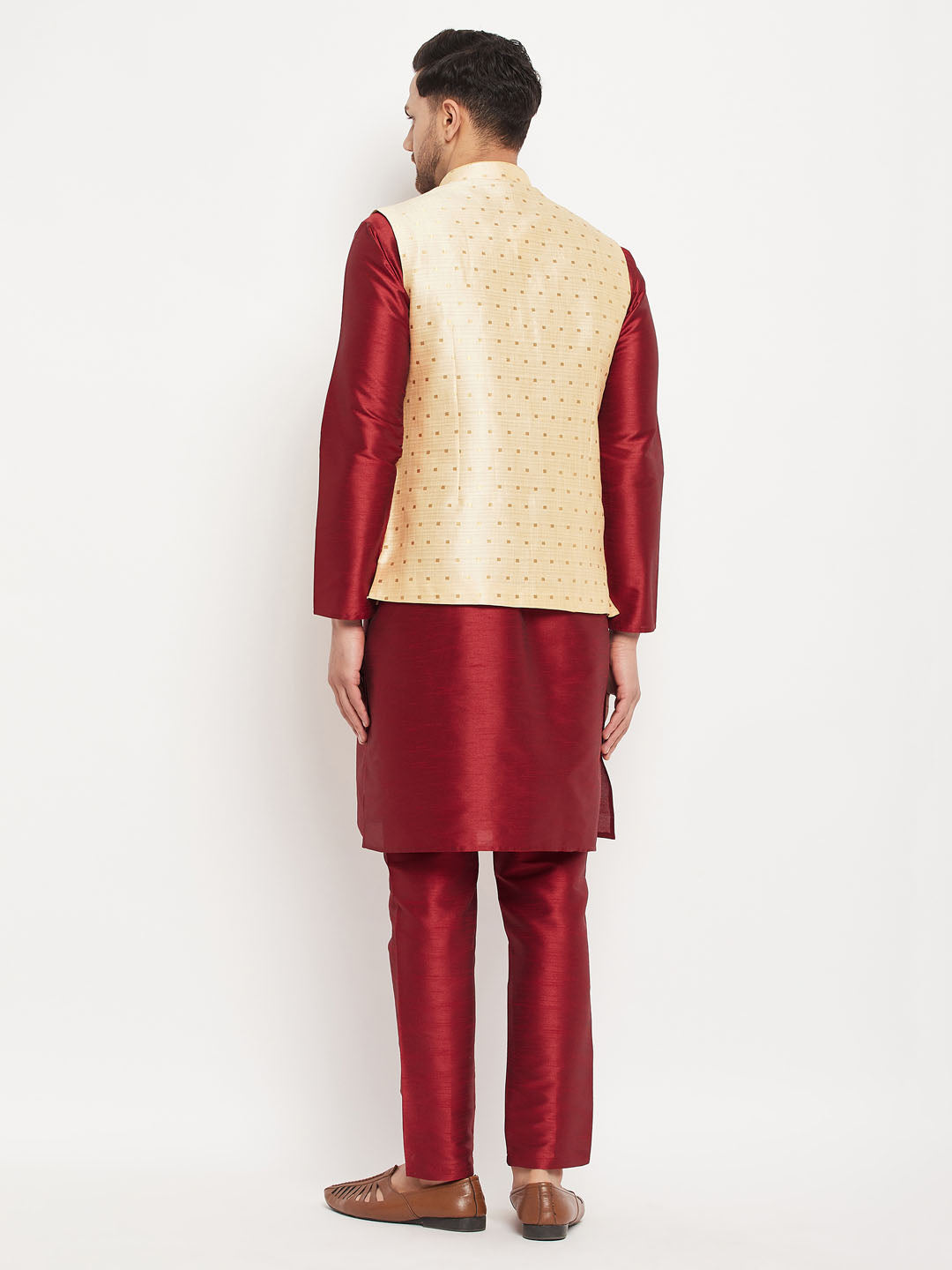 Men's Maroon And Gold Silk Blend Jacket, Kurta and Pyjama Set