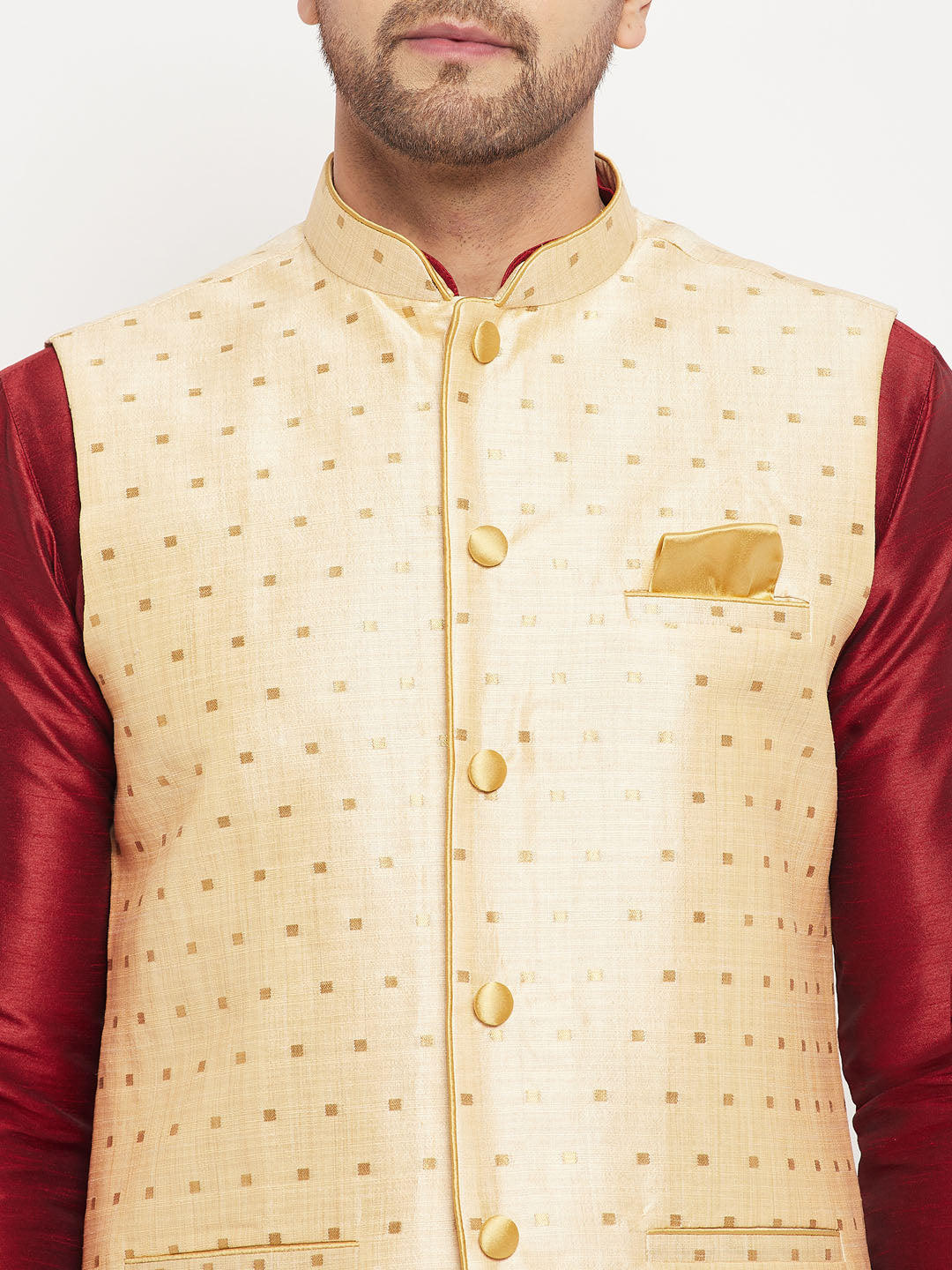 Men's Maroon And Gold Silk Blend Jacket, Kurta and Pyjama Set