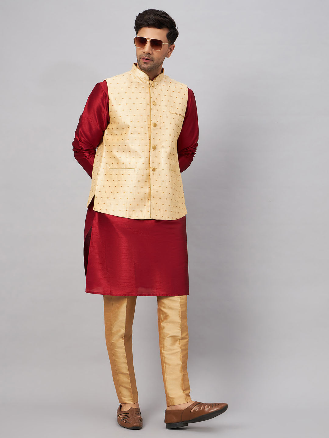 Men's Maroon And Rose Gold Silk Blend Jacket, Kurta and Pyjama Set