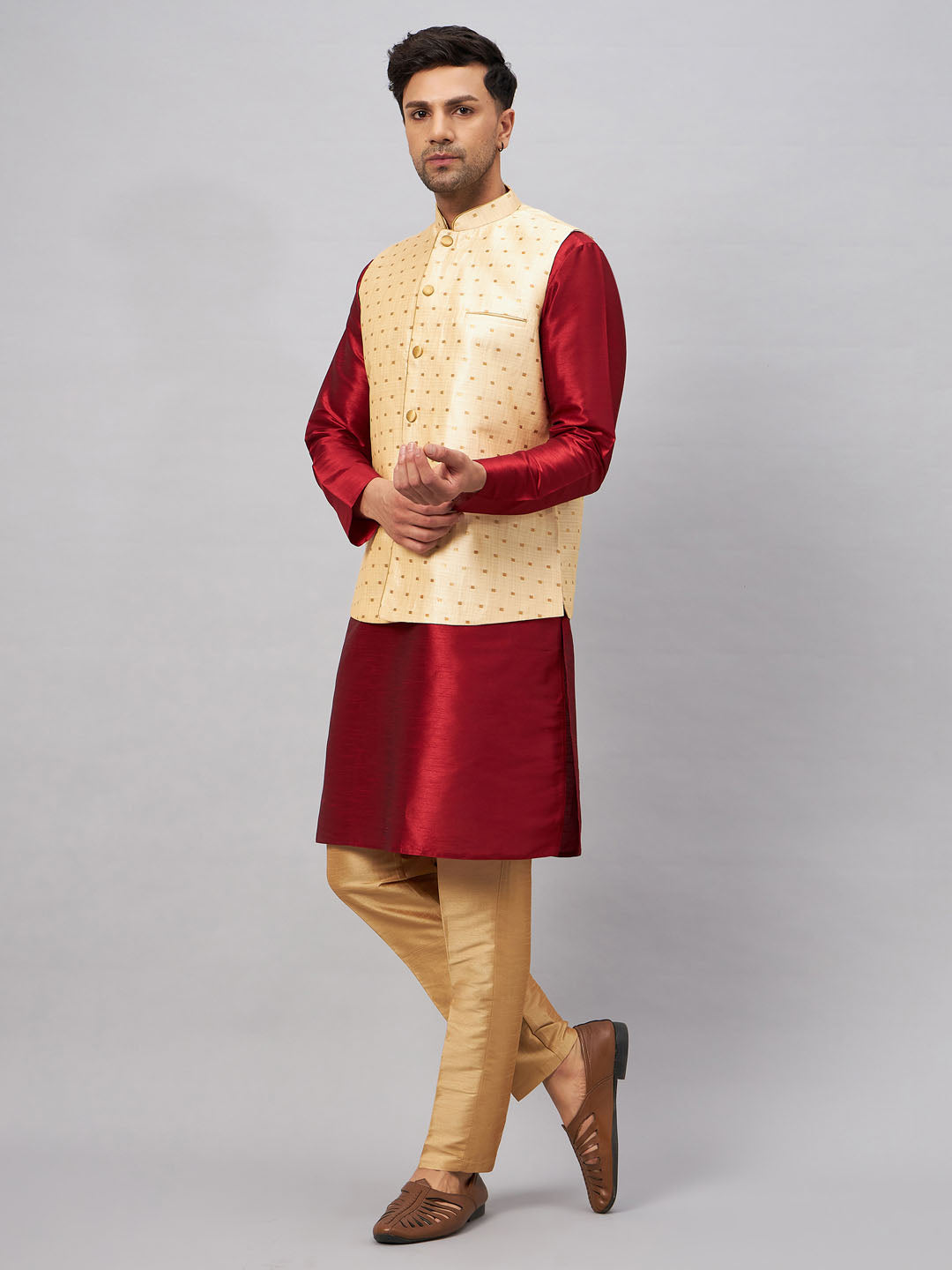 Men's Maroon And Rose Gold Silk Blend Jacket, Kurta and Pyjama Set