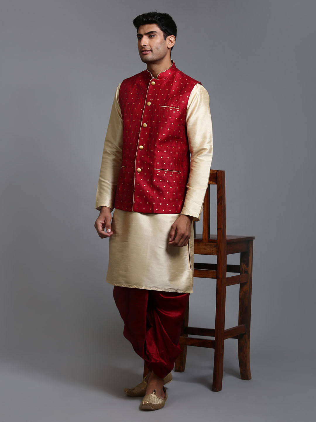 Men's Maroon And Gold Silk Blend Jacket, Kurta and Dhoti Set