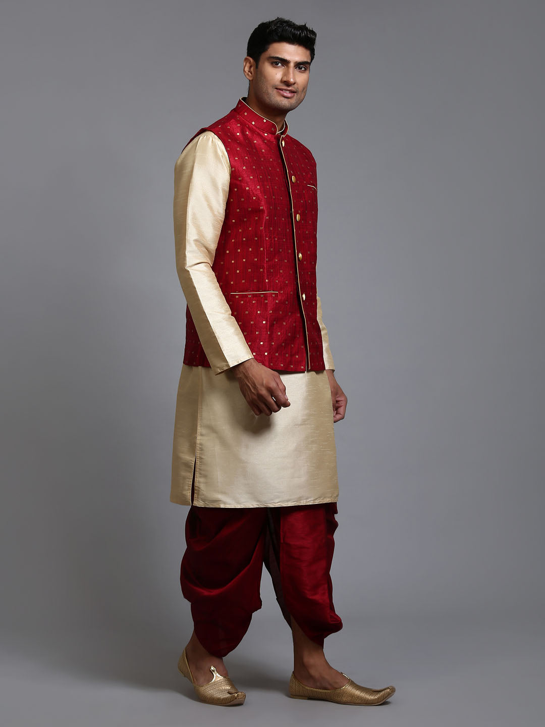 Men's Maroon And Gold Silk Blend Jacket, Kurta and Dhoti Set