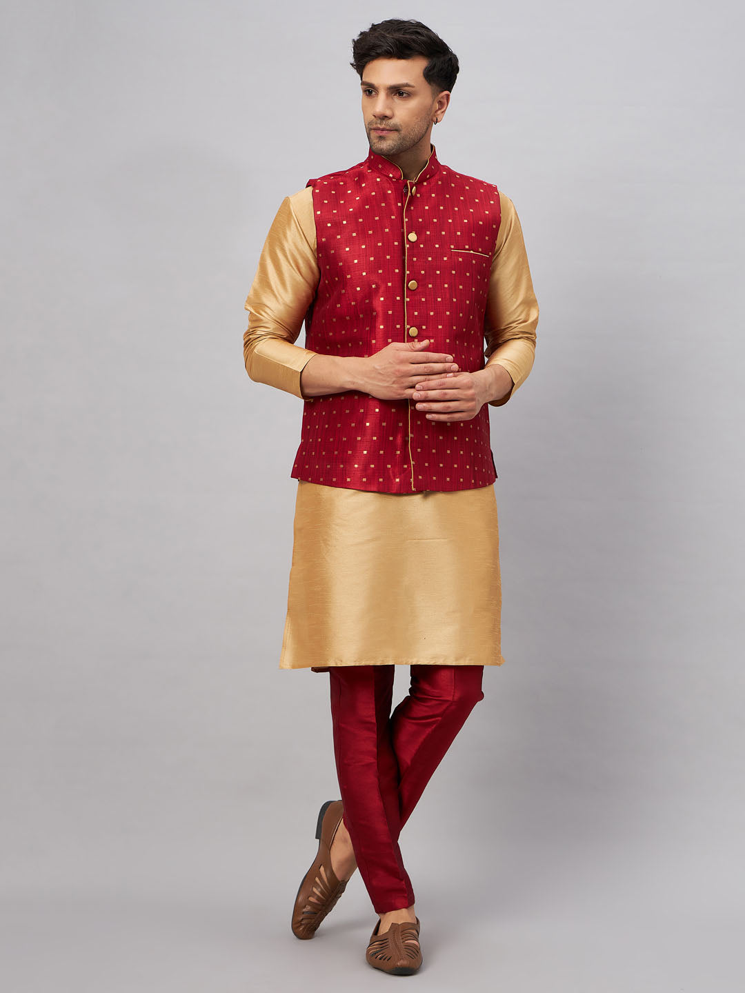 Men's Rose Gold And Maroon Silk Blend Jacket, Kurta and Pyjama Set