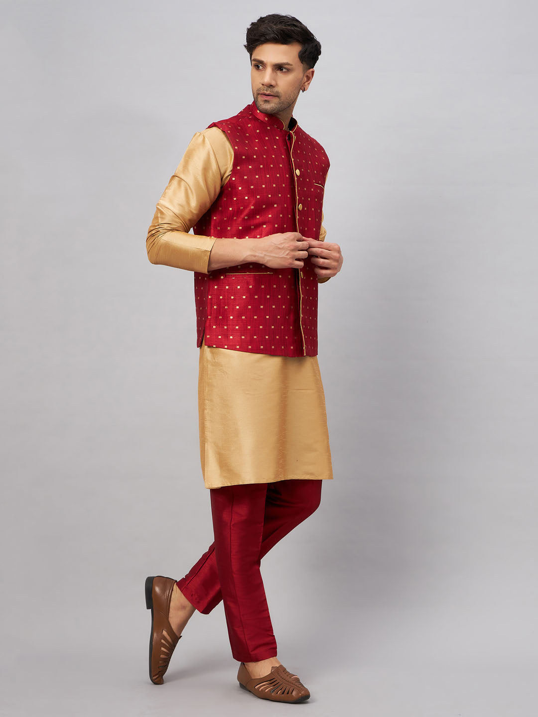 Men's Rose Gold And Maroon Silk Blend Jacket, Kurta and Pyjama Set