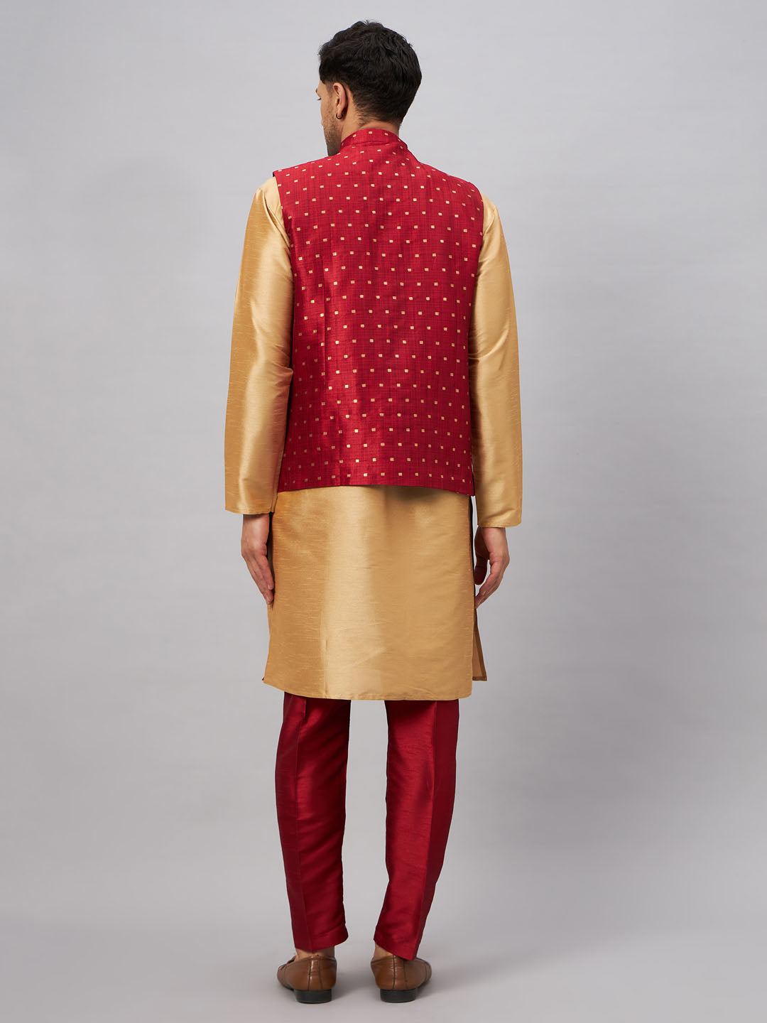 Men's Rose Gold And Maroon Silk Blend Jacket, Kurta and Pyjama Set