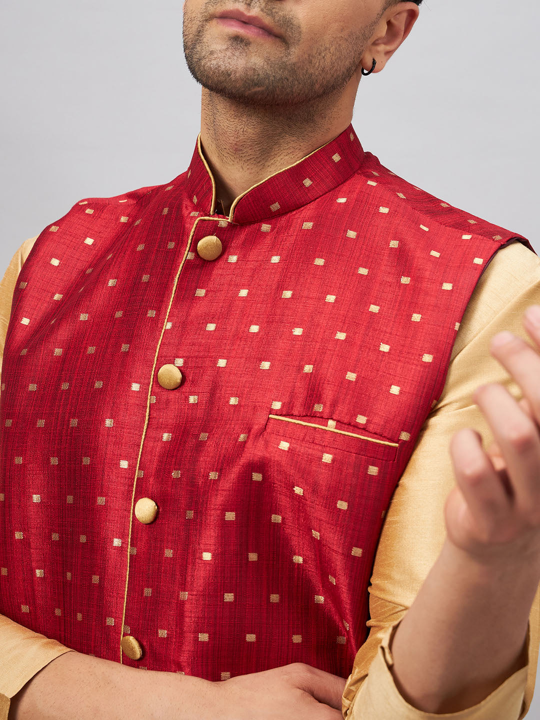 Men's Rose Gold And Maroon Silk Blend Jacket, Kurta and Pyjama Set