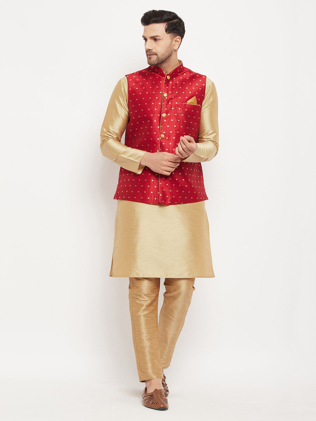 Men's Rose Gold And Maroon Silk Blend Jacket, Kurta and Pyjama Set