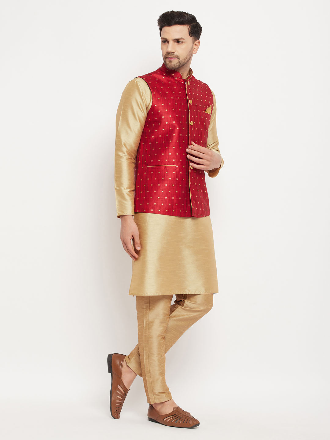 Men's Rose Gold And Maroon Silk Blend Jacket, Kurta and Pyjama Set