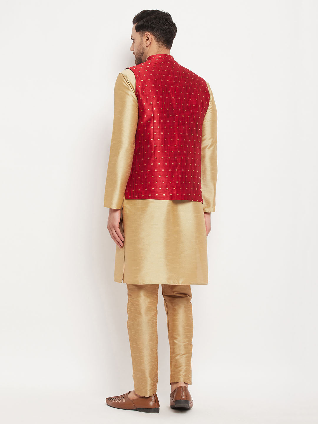 Men's Rose Gold And Maroon Silk Blend Jacket, Kurta and Pyjama Set