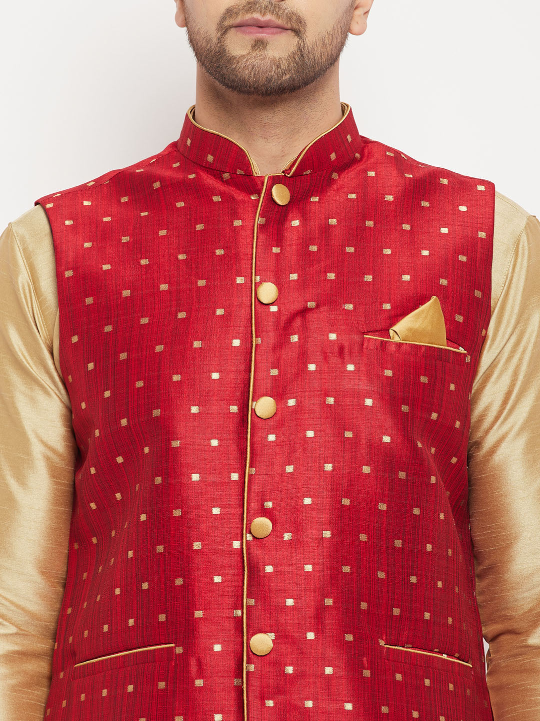 Men's Rose Gold And Maroon Silk Blend Jacket, Kurta and Pyjama Set