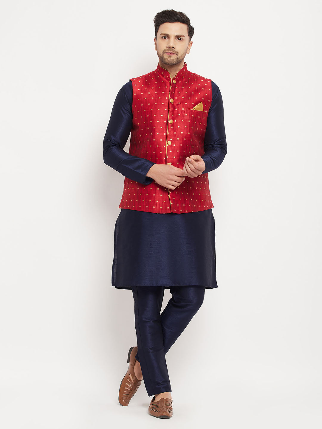 Men's Navy Blue And Maroon Silk Blend Jacket, Kurta and Pyjama Set