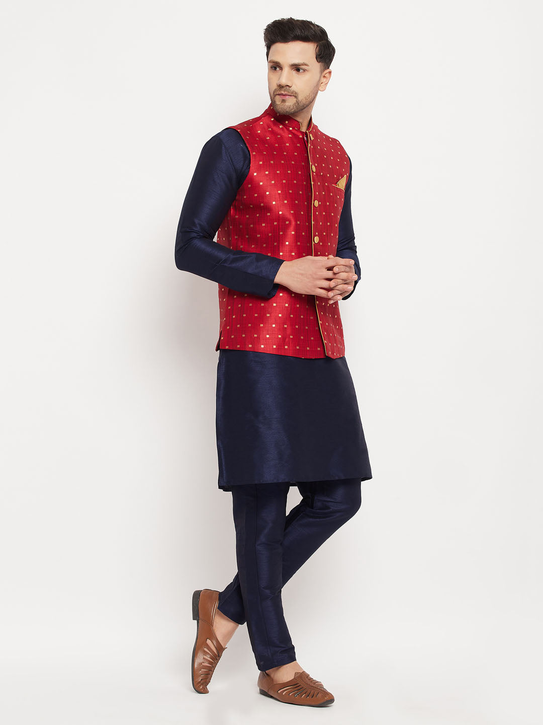 Men's Navy Blue And Maroon Silk Blend Jacket, Kurta and Pyjama Set