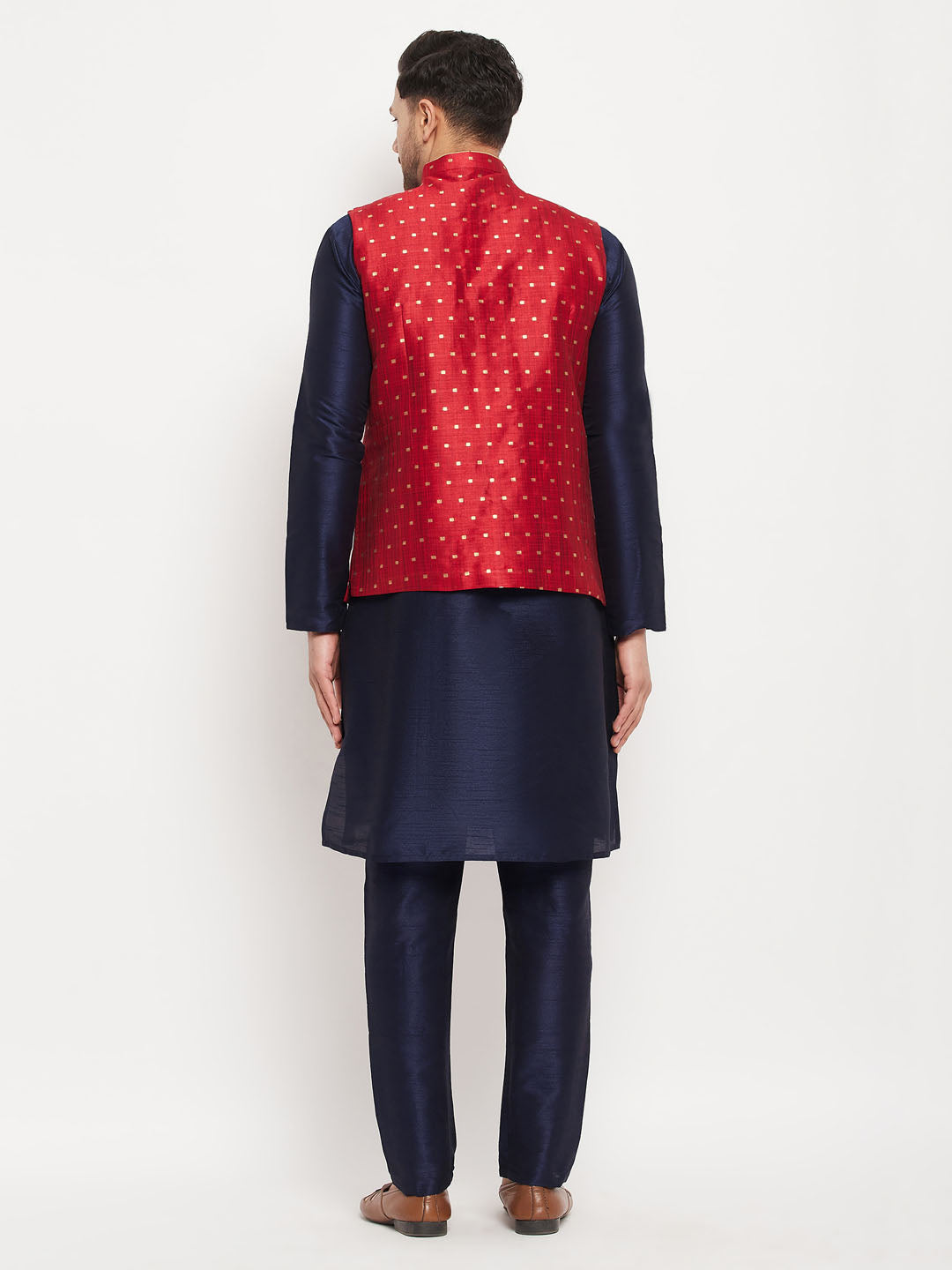 Men's Navy Blue And Maroon Silk Blend Jacket, Kurta and Pyjama Set