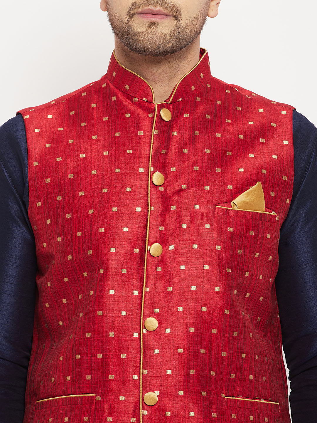 Men's Navy Blue And Maroon Silk Blend Jacket, Kurta and Pyjama Set