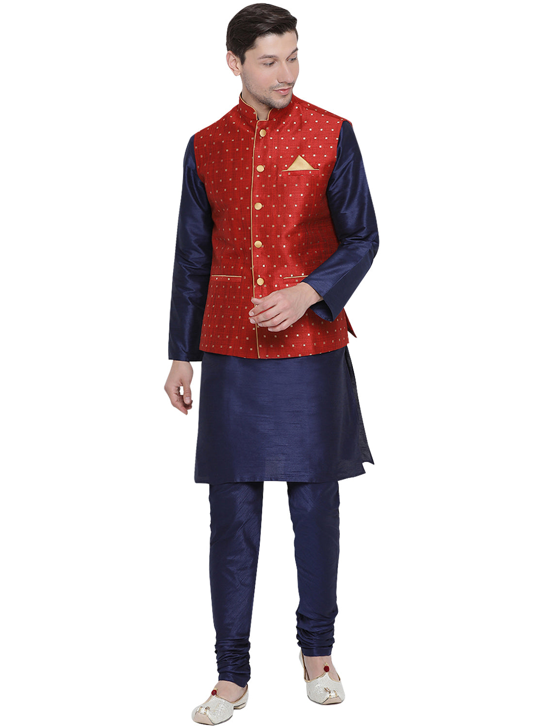 Men's Deep Blue Silk Blend Jacket, Kurta and Pyjama Set