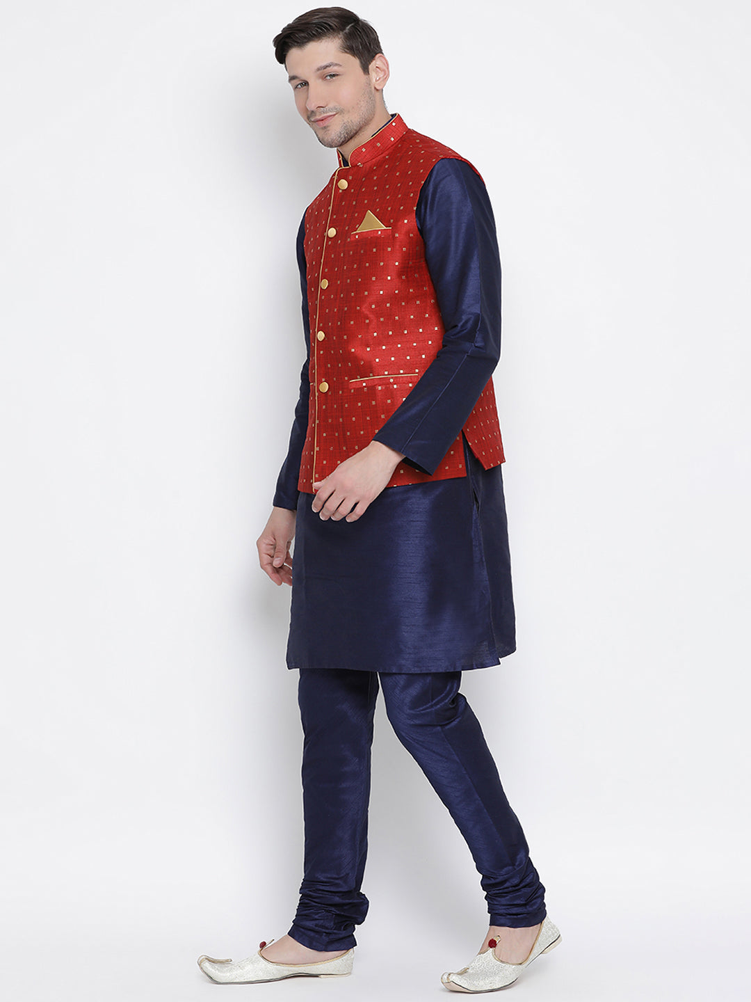 Men's Deep Blue Silk Blend Jacket, Kurta and Pyjama Set