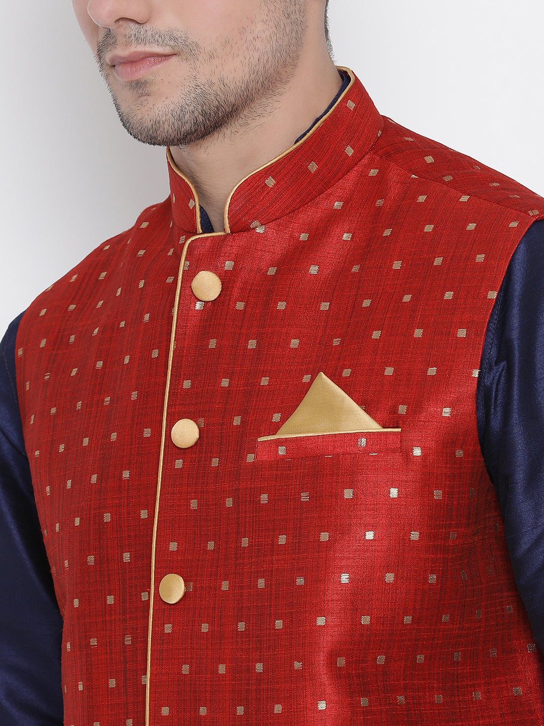 Men's Deep Blue Silk Blend Jacket, Kurta and Pyjama Set