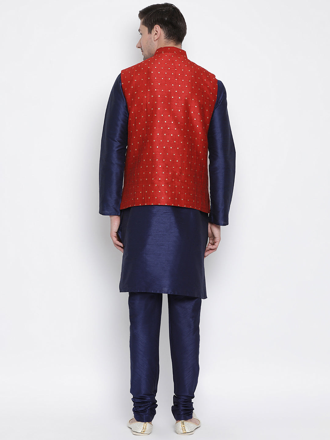 Men's Deep Blue Silk Blend Jacket, Kurta and Pyjama Set